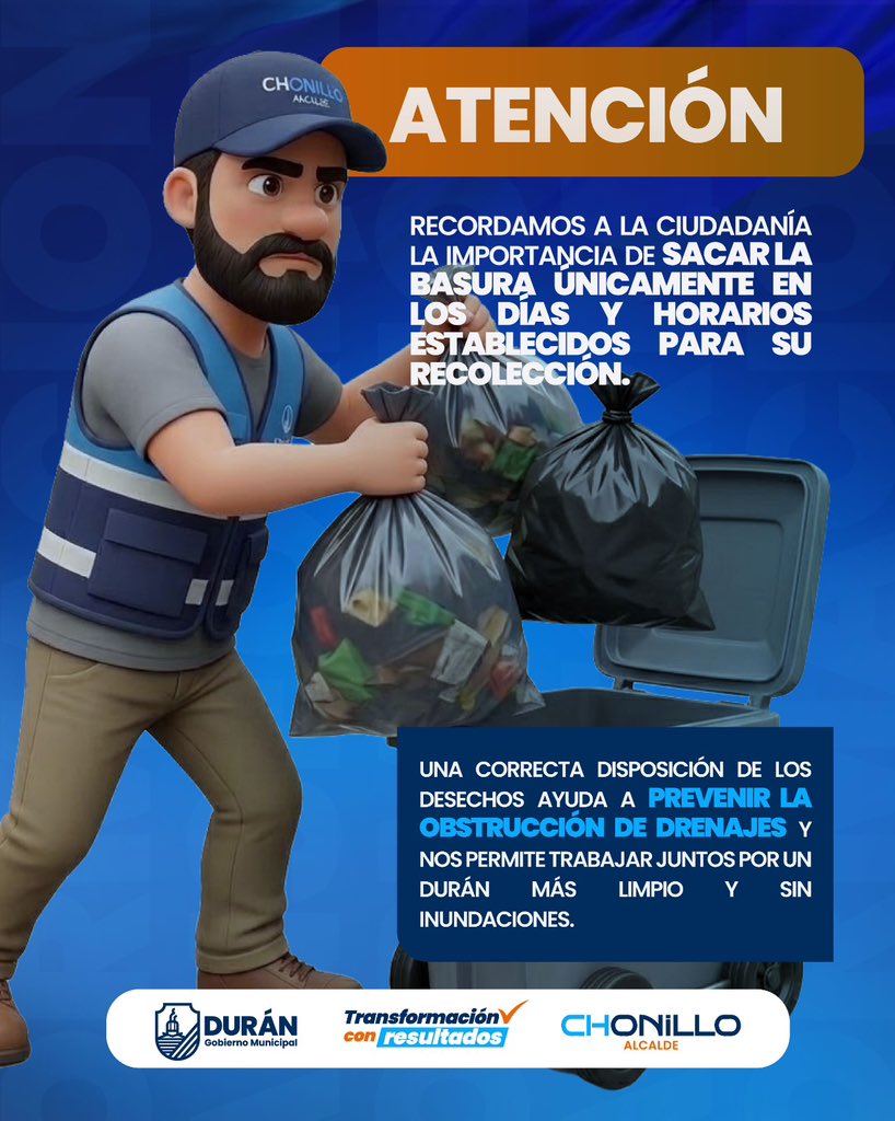 Durán recuerda a vecinos sacar basura en días y horarios para evitar inundaciones