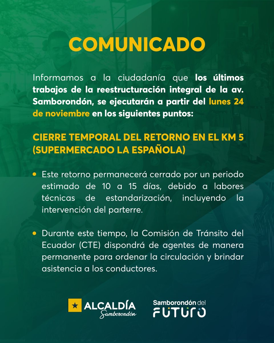Cierre del retorno km 5 en Av. Samborondón por obras finales