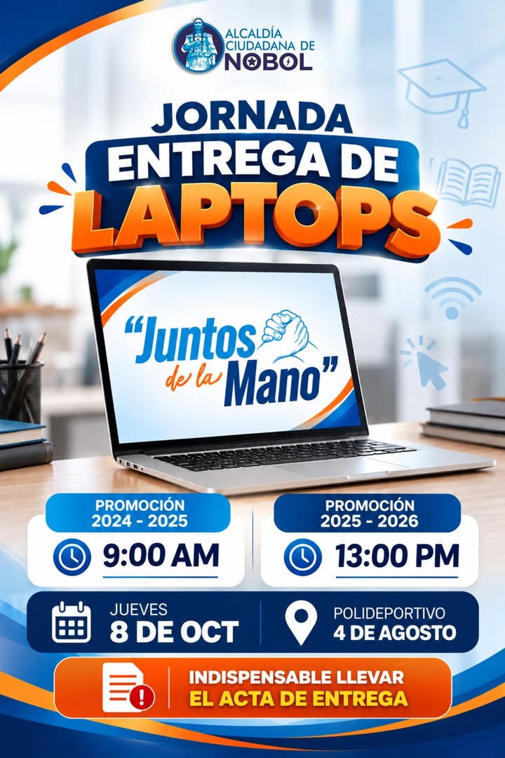 La Alcaldía de Nobol entrega laptops a bachilleres el jueves 8 de octubre