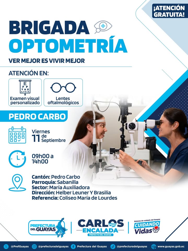 Brigada de optometría gratuita llega a Sabanilla este viernes con apoyo de la Prefectura del Guayas