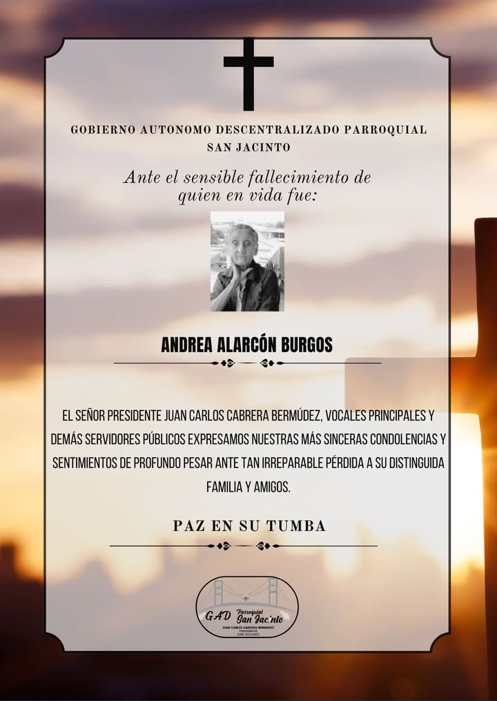 GAD San Jacinto emite mensaje de condolencia por fallecimiento de Andrea Alarcón