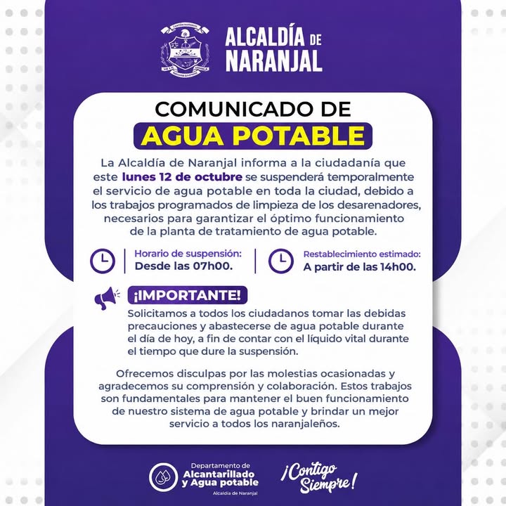 Alcaldía de Naranjal suspende el servicio de agua potable este lunes 12