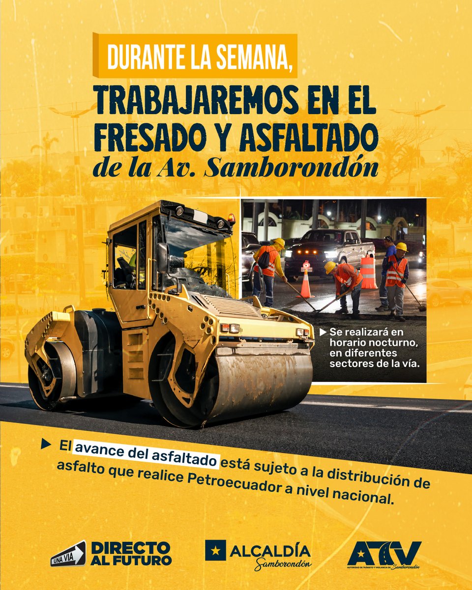 Cierre nocturno en Av. Samborondón por fresado y asfaltado esta semana