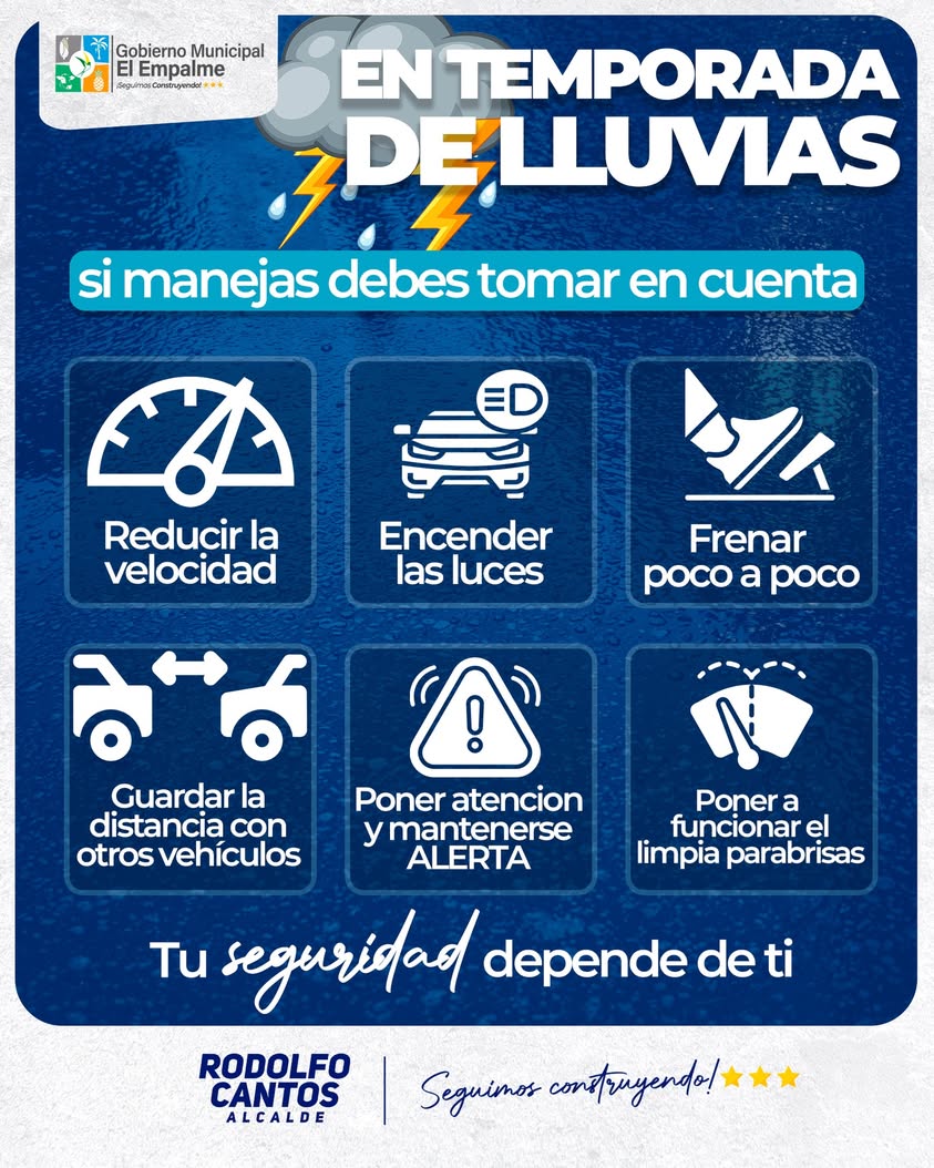 El Empalme advierte sobre conducir con precaución ante lluvias intensas