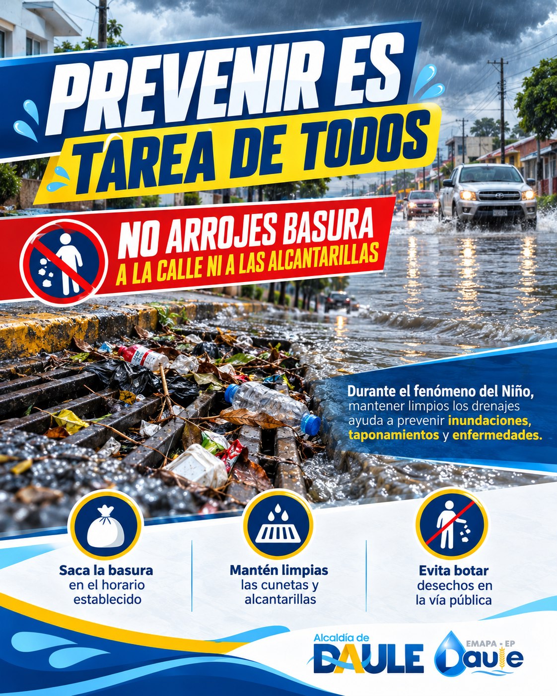 Municipalidad de Daule advierte: tirar basura obstruye drenajes y aumenta riesgo de inundaciones