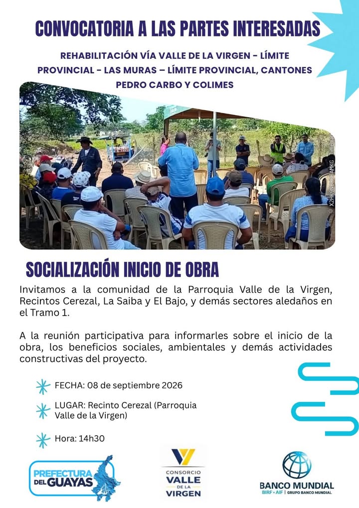 Prefectura del Guayas socializa inicio de obra vial en Valle de la Virgen este 8 de septiembre