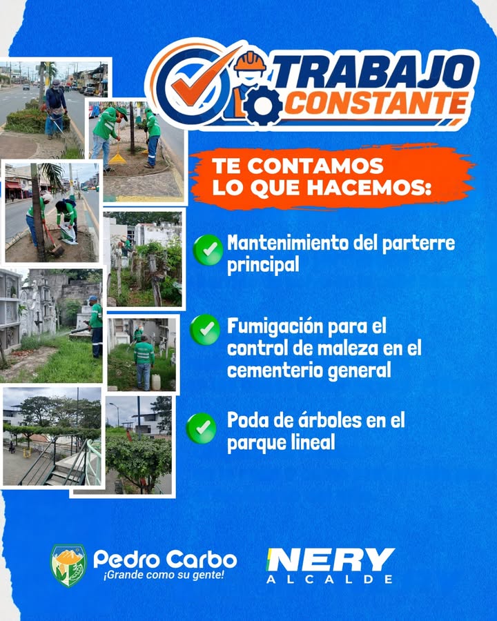 Pedro Carbo: Mantenimiento y limpieza embellecen el centro del cantón