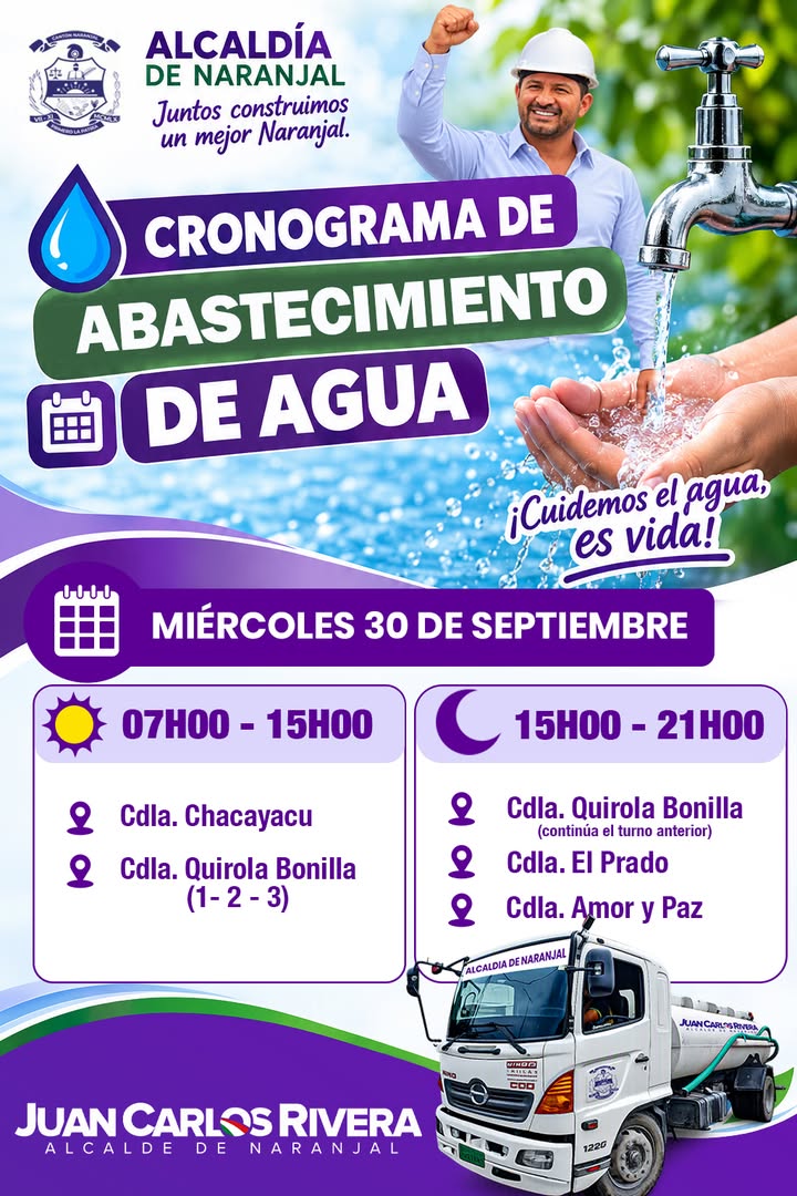 Alcaldía de Naranjal distribuye agua potable con tanquero municipal este 30 de septiembre