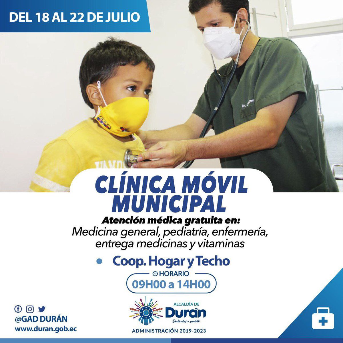 Clínica móvil del GAD Durán atiende gratis en Hogar y Techo esta semana