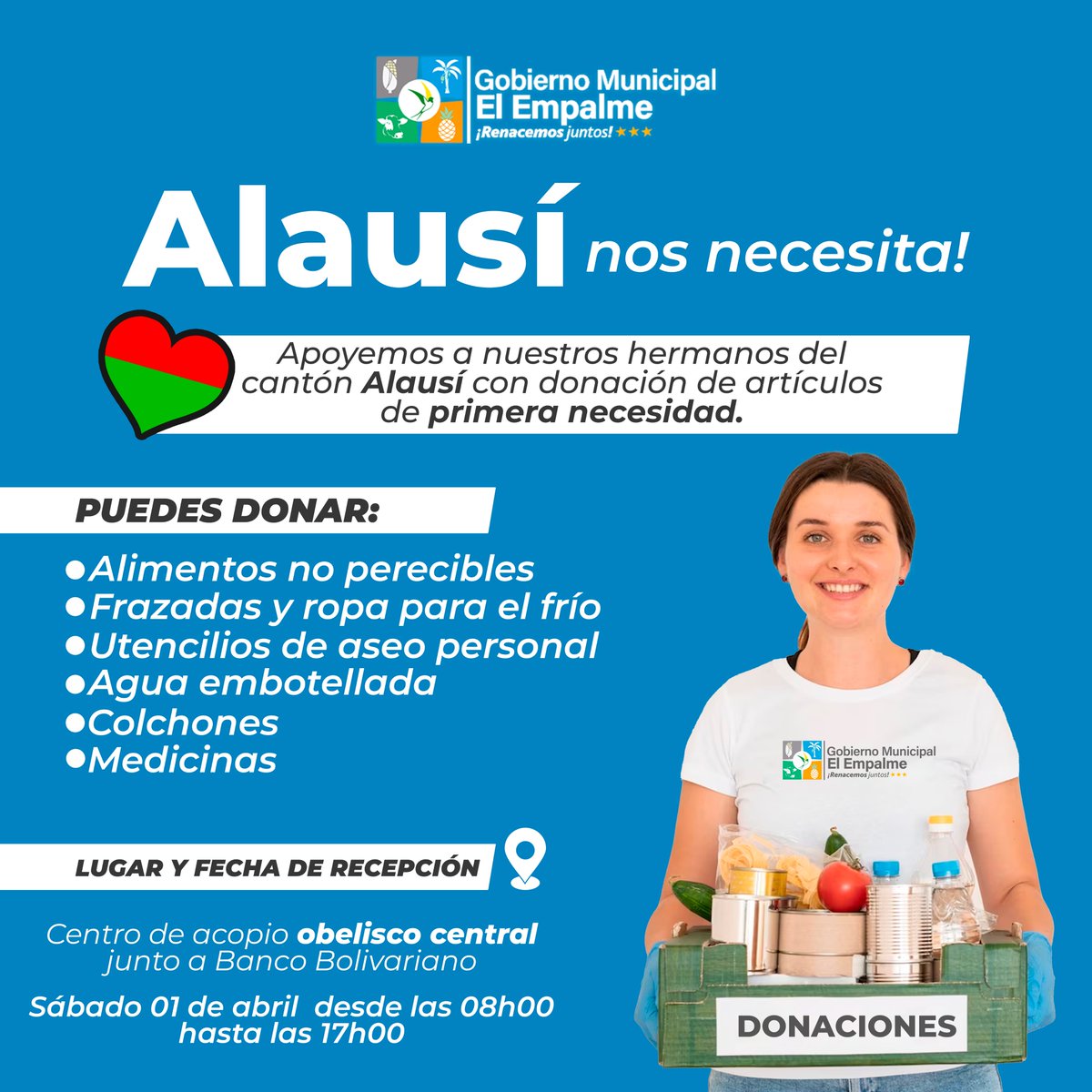 Recaudación de alimentos se realizará en El Empalme este sábado