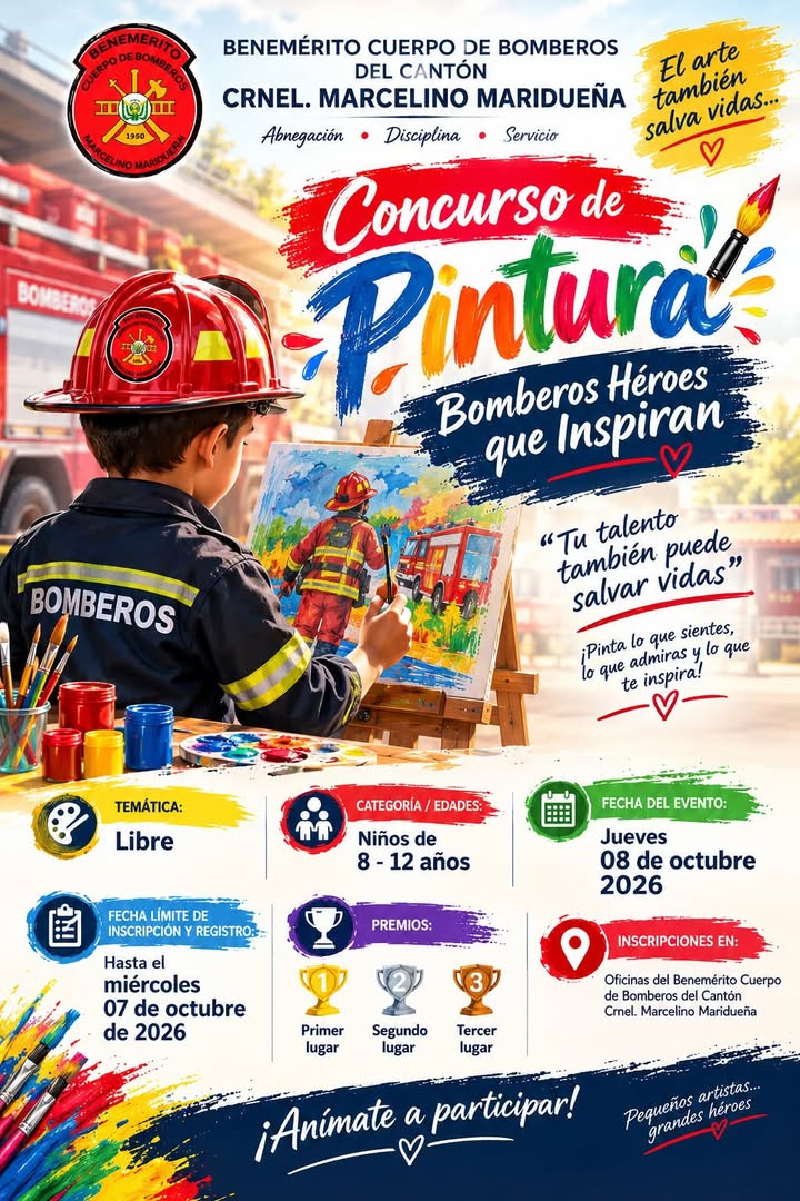 Concurso de pintura 'Bomberos Héroes' convoca a niños de 8 a 12 años en Marcelino Maridueña