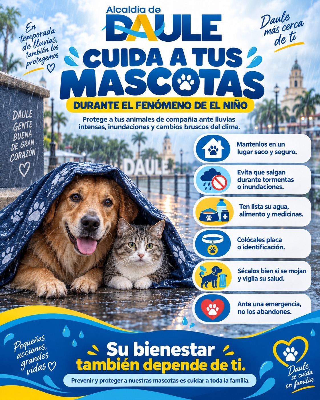 Alcaldía de Daule alerta sobre protección de mascotas ante lluvias intensas en el cantón