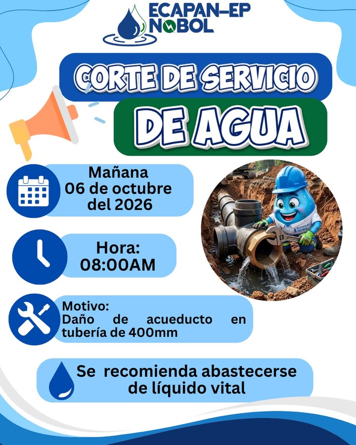 Suspensión del agua potable en Nobol mañana lunes 6 de octubre por reparaciones