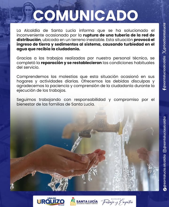 Alcaldía de Santa Lucía restablece el servicio de agua potable tras ruptura de tubería