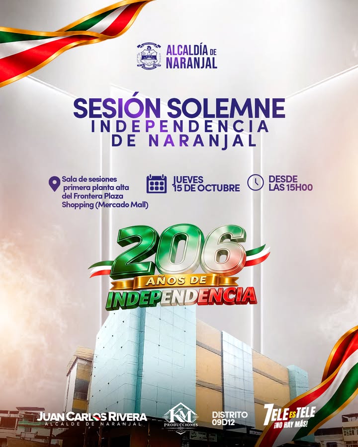 Alcaldía de Naranjal invita a la sesión solemne por sus 206 años de independencia