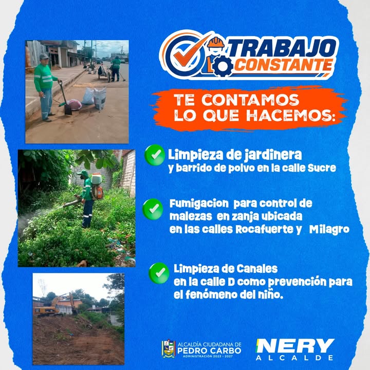 Equipo municipal de Pedro Carbo mantiene calles y previene emergencias hídricas