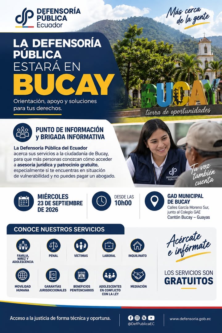 Defensoría Pública del Ecuador ofrece asesoría jurídica gratuita este miércoles en Bucay