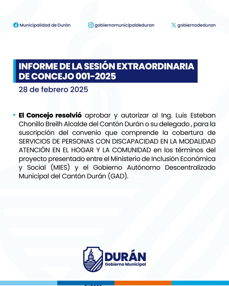 Concejo de Durán aprueba convenio MIES para apoyar a personas con discapacidad