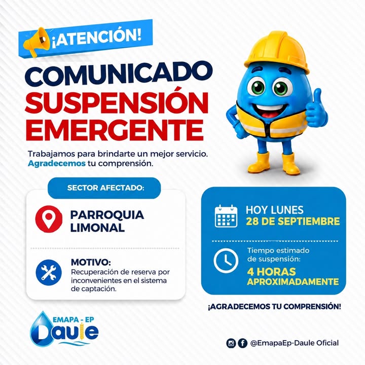 Suspensión del agua en Limonal por 4 horas para reparar captación