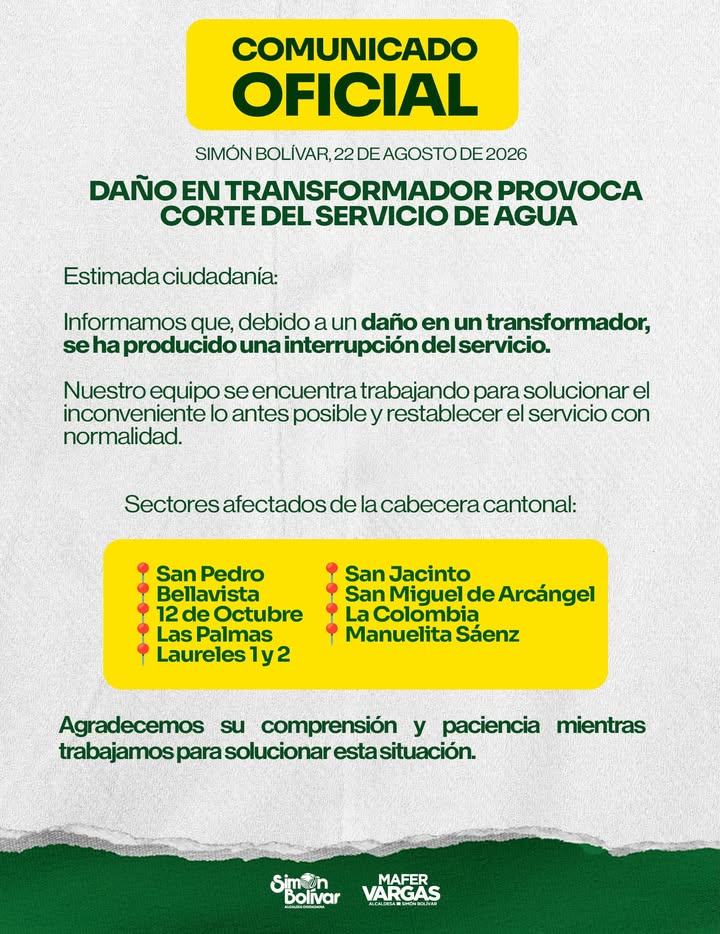 Interrupción del servicio de agua en Simón Bolívar por falla técnica