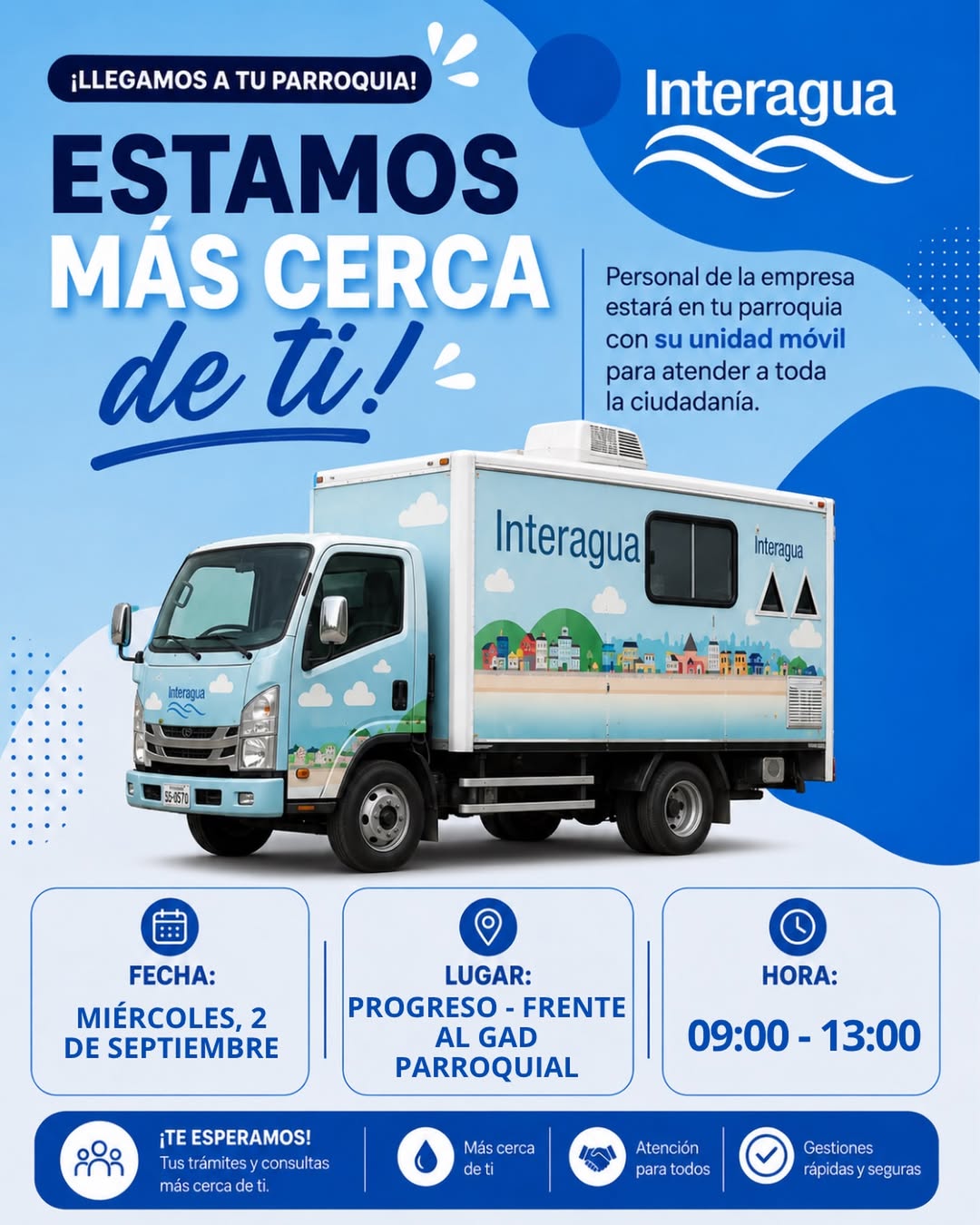 Unidad móvil de Interagua atenderá a vecinos de Progreso este miércoles