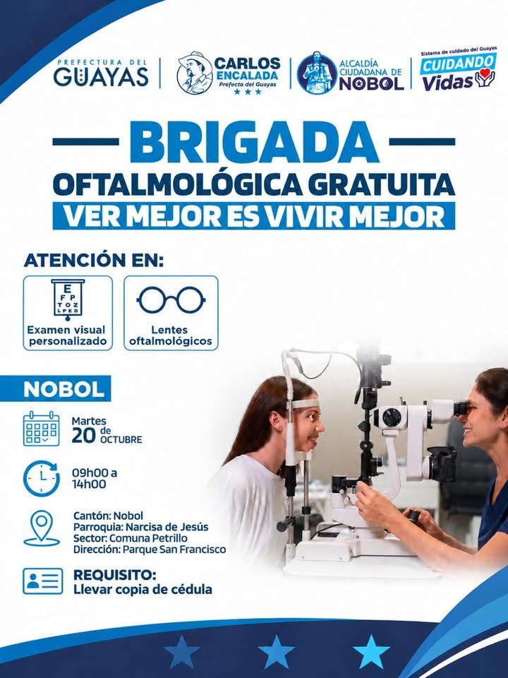 Brigada oftalmológica gratuita llega a Nobol el 20 de octubre