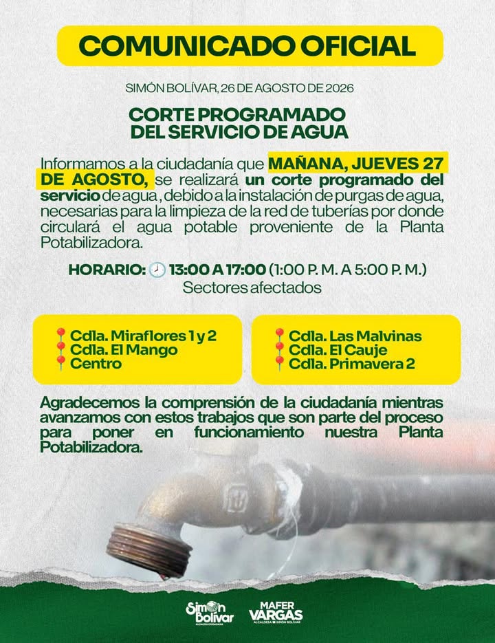Corte de agua mañana en Simón Bolívar por obra de Planta Potabilizadora