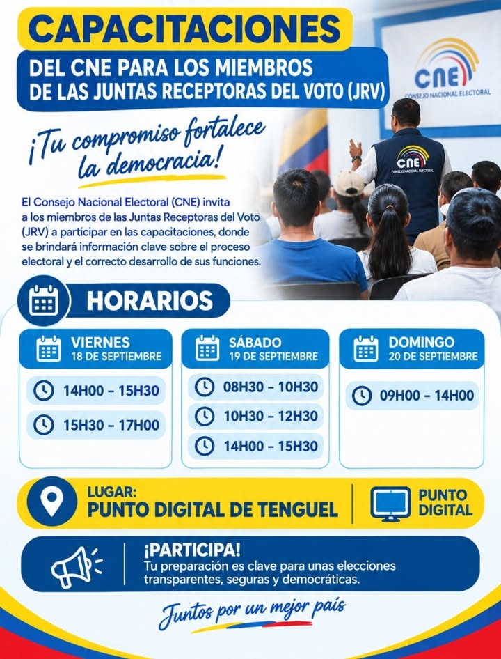 CNE dictará capacitaciones para juntas receptoras del voto en Tenguel