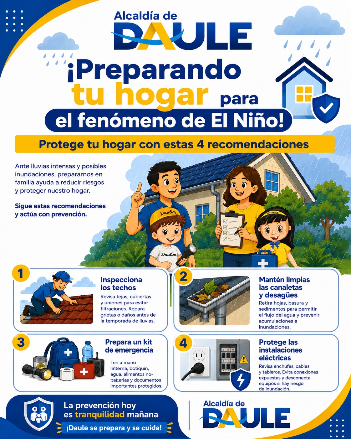 Alcaldía de Daule alerta sobre lluvias intensas y recomienda revisar techos