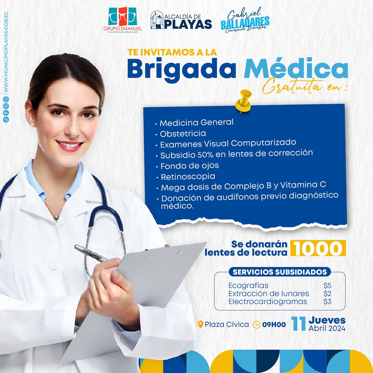 Brigada médica gratuita en Playas este jueves 11 de abril en Plaza Cívica